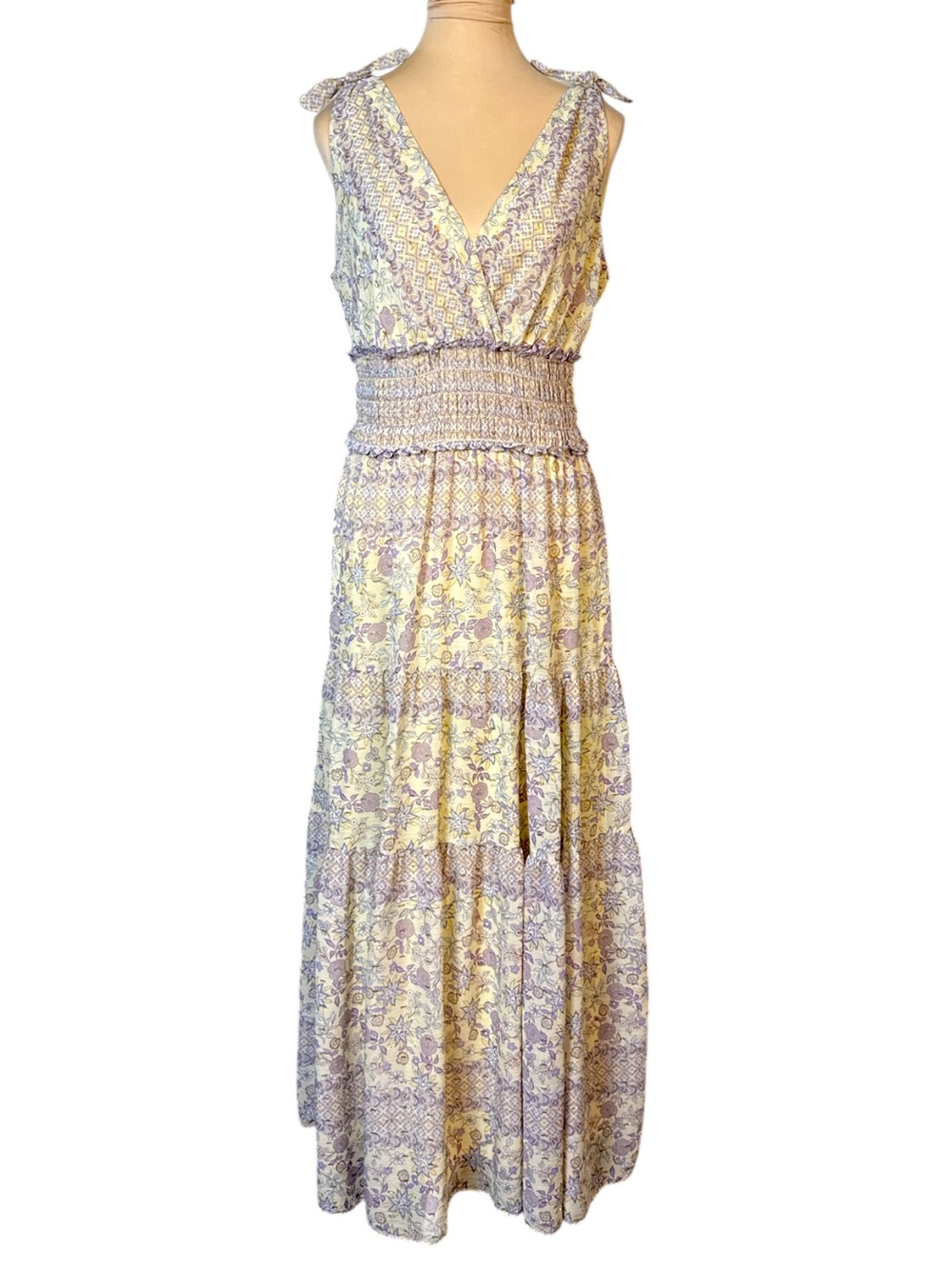 Taylor Yellow Lavender Gold Metallic Floral Tiered Lined Maxi Dress Size 8